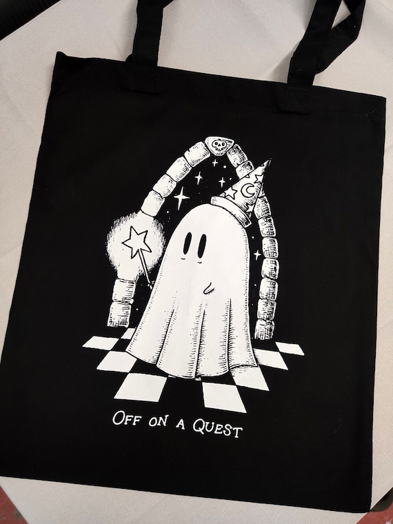 Wizard Ghost Tote Bag- Off On A Quest Screenprinted Black Cotton Tote