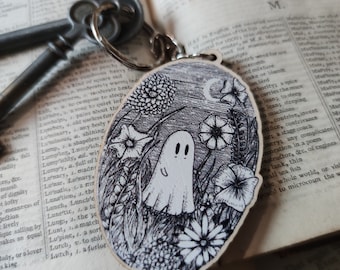 Meadow Ghost wooden keychain- Spooky Flowers