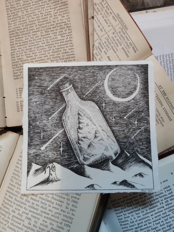 Bottled Mountain- Original surreal ink drawing from Fragments