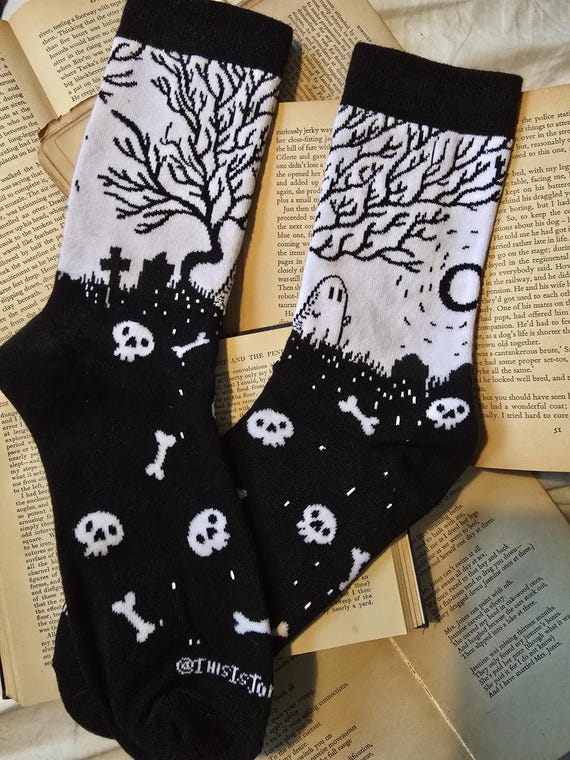 Spooky Socks- Black and White Ghostie Graveyard Crew Socks