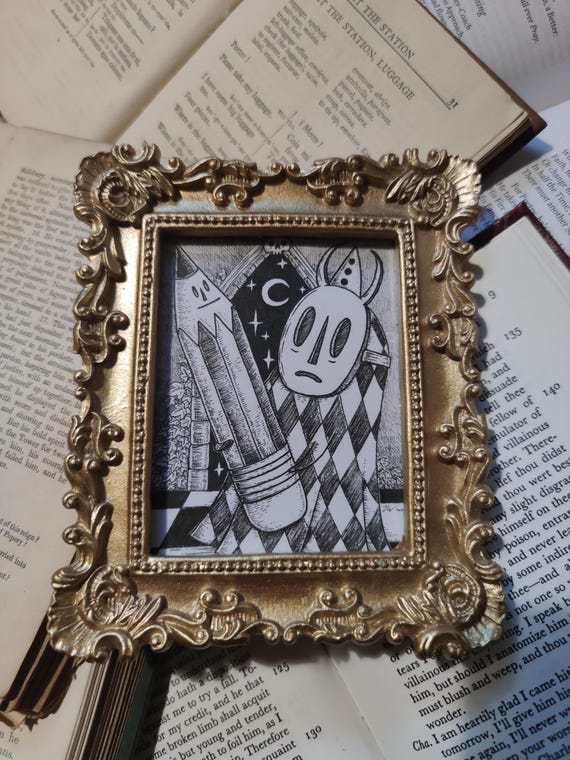 Pencil Spirit- original spooky harlequin ink drawing in golden frame