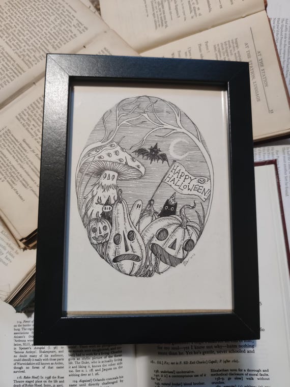 Happy Halloween- Original spooky pumpkin patch ink drawing in frame
