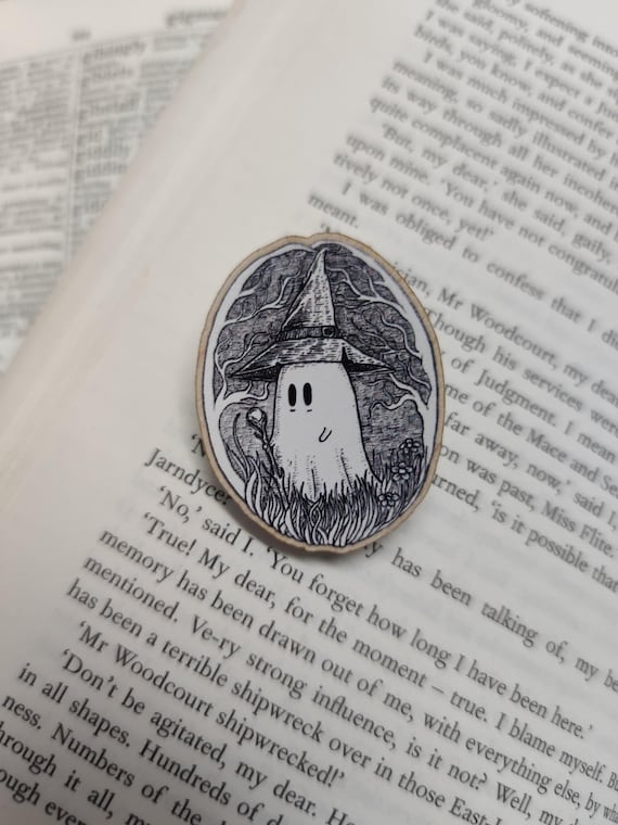 Wandering Wizard Ghost Wooden Pin Badge- spooky art pin