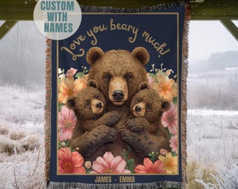 Personalized Blanket for Mom, Mama Bear Custom Name Woven Throw, Gift for Mom from Kids, Grandma Gift, Mother’s Day Blanket