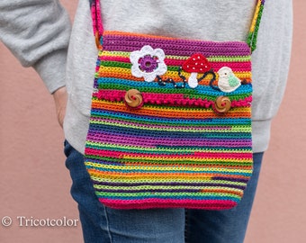 Bolso de mujer tricotcolor tejido de algodón accesorios bolsa tasche primavera verano punto crochet muticolor botón flor cuentas algodón tot bag