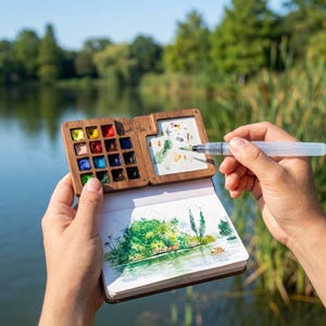 Houten draagbaar aquarelpalet met schetsboekclip, mini-reisverfset, reiskunstset, kunstenaarscadeau, mini-aquarelpalet, kunst