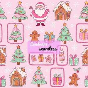 May include: A seamless pattern featuring Christmas-themed illustrations on a pink background. The design includes Santa Claus, gingerbread houses, Christmas trees, gifts, snowflakes, and gingerbread men. The text "Lando ART seamless" is also present.