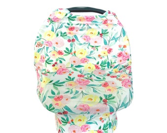 Carseat Cover / Nursing Cover. Stretchy, multi-use infant. girl, floral, watercolor flowers, pink