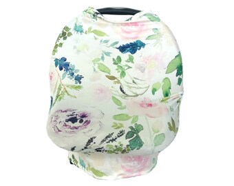 Carseat Cover / Nursing Cover. Stretchy, multi-use infant. watercolor floral, flower, pink