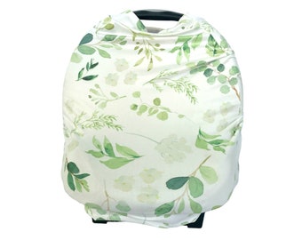 Carseat Cover / Nursing Cover. Stretchy, multi-use infant. neutral, watercolor, eucalyptus, leaves,