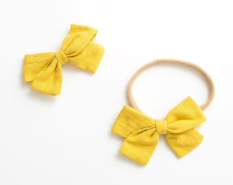 Baby Headband / Hair Bow Clip. yellow - nylon toddler boho holiday - hand tied hair bow