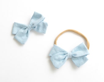 Baby Headband / Hair Bow Clip. light blue - nylon toddler boho holiday - hand tied hair bow