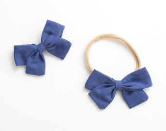 Baby Headband / Hair Bow Clip. blue - nylon toddler boho holiday - hand tied hair bow