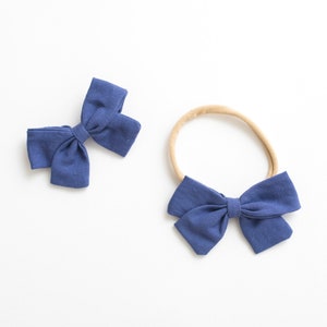 Baby Headband / Hair Bow Clip. blue - nylon toddler boho holiday - hand tied hair bow