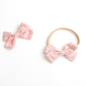 Baby Headband / Hair Bow Clip. pink blush - nylon toddler boho holiday - hand tied hair bow