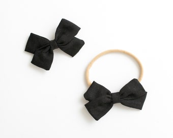 Baby Headband / Hair Bow Clip. black - nylon toddler boho holiday - hand tied hair bow