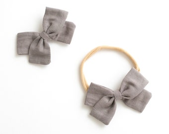 Baby Headband / Hair Bow Clip. gray - nylon toddler boho holiday - hand tied hair bow