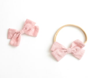 Baby Headband / Hair Bow Clip. pink blush - nylon toddler boho holiday - hand tied hair bow