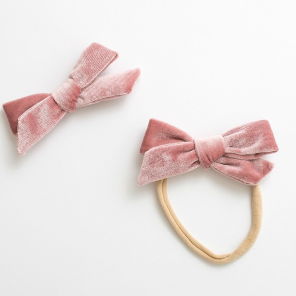 Velvet Baby Headband / Hair Bow Clip. rose blush pink - nylon toddler boho holiday - hand tied hair bow