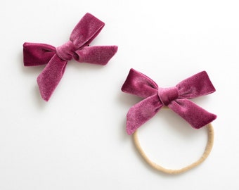 Velvet Baby Headband / Hair Bow Clip. mauve purple pink - nylon toddler boho holiday - hand tied hair bow