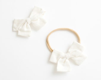 Baby Headband / Hair Bow Clip. white - nylon toddler boho holiday - hand tied hair bow