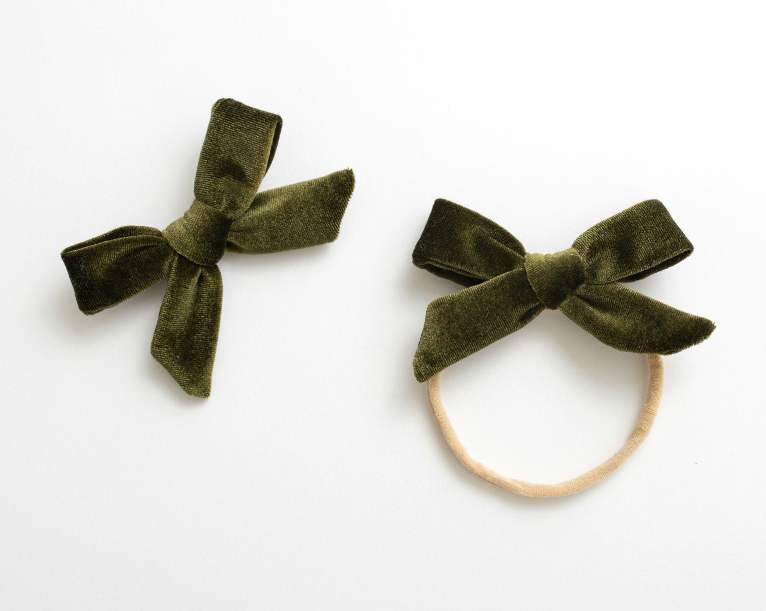 Velvet Baby Headband / Hair Bow Clip. olive green - nylon toddler boho holiday - hand tied hair bow