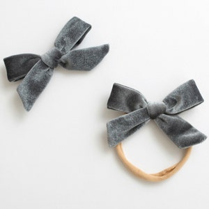 Velvet Baby Headband / Hair Bow Clip. dark gray nylon toddler boho holiday hand tied hair bow image 1