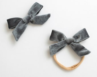 Velvet Baby Headband / Hair Bow Clip. dark gray - nylon toddler boho holiday hand tied hair bow