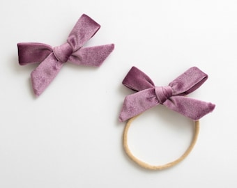 Velvet Baby Headband / Hair Bow Clip. purple plum - nylon toddler boho holiday - hand tied hair bow