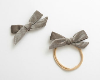 Velvet Baby Headband / Hair Bow Clip. greige light gray beige - nylon toddler boho holiday hand tied hair bow