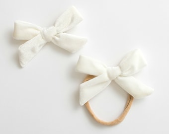 Velvet Baby Headband / Hair Bow Clip. White - nylon toddler boho holiday - hand tied hair bow