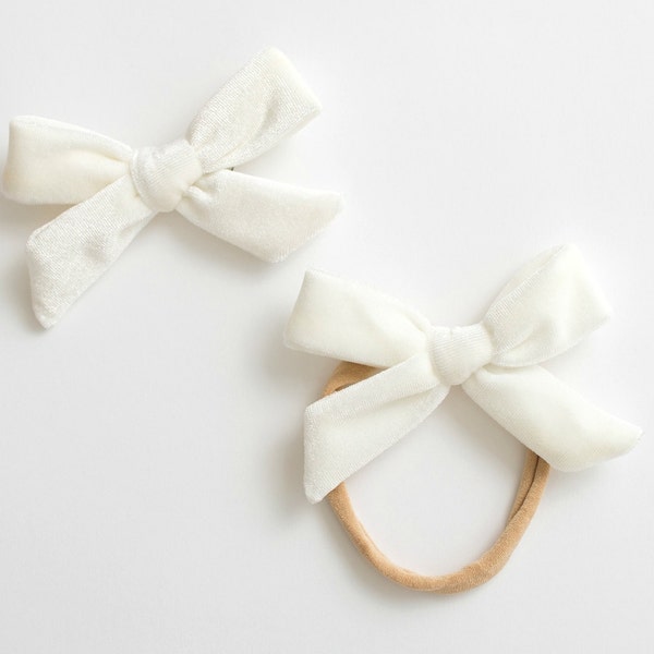 Velvet Baby Headband / Hair Bow Clip. White - nylon toddler boho holiday - hand tied hair bow