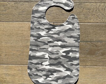 Flannel baby bib. Extra long, 10 inches , reversible, absorbent, washable,  great for eating, snap-on