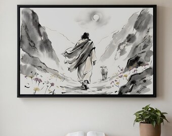 Jesus Good Shepherd Sumi-e Ink Wash Print, Minimalist Christian Spiritual Poster, Japandi Faith Wall Art, Baptism Gift, Church Nursery Decor