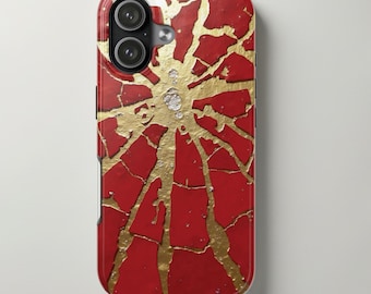 Red Gold Kintsugi Abstract Crackle Phone Case, Crimson Starburst Foil Textured Glossy Cover, Artisanal Bold Statement Iphone Samsung Gift