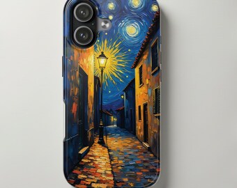 Van Gogh Inspired Phone Case Starry Night Alley, Impressionist Cityscape Art Cover