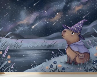 Wizard Capybara Fantasy Art Print, Whimsical Galaxy Night Sky Poster, Celestial Stargazing Illustration, Enchanted Cozy Kids Room Home Decor