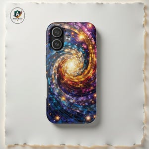 Funda para teléfono con espiral cósmica de vidrieras y cubierta de mosaico de galaxia vibrante.