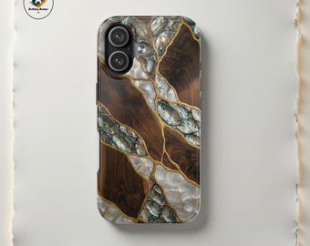 Funda Kintsugi de imitación de nácar para iPhone 17-11 y Samsung S25-S21, de dos capas, inspirada en Kintsugi, con diseño de veta de nogal y madera de abulón.