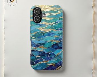 Funda Kintsugi Azul Oro Océano para iPhone 17-11, Samsung S25-S21, Funda Kintsugi Onda Estética Mar Turquesa de Dos Capas, Funda Inspirada en Kintsugi