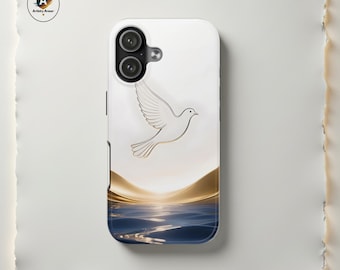 Metallic Gold Dove Peace Case, Minimalist Holy Spirit Sacred Water Ripple Cover, Spiritual Cerulean Ocean Faith Luxury Phone Shell