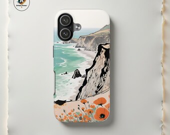 California Coastal Poppy Case for iPhone, Samsung, Painterly Beach Cliff Art