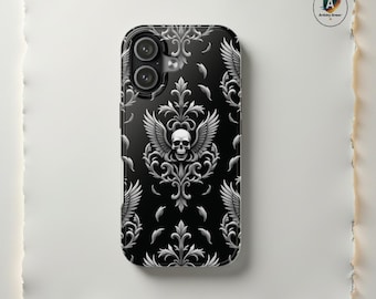 Baroque Skull Phone Cover, Dark Academia Case, Dark Angel Wings Victorian Goth Case iPhone Gothic Case 17-11, Skull Wings Samsung S25-S21