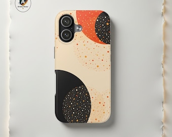 Mid Century Boho Stipple Art Phone Case, Abstract Dot Circle Black Cream iPhone Case, Burnt Orange Textured Samsung Case, Shockproof Cover