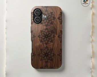 Engraved Mandala Wood Phone Case, Faux Boho Walnut Wood Grain Cover
