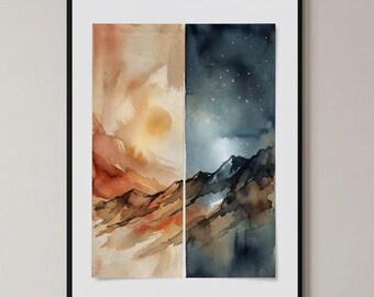 Watercolor Mountain Landscape Print, Day Night Starry Sky Poster, Long Distance Expat Wall Art, Moody Nature Home Decor, Atmospheric Diptych