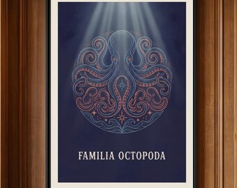 Vintage Octopus Wall Art, Dark Kraken Engraving Poster, Nautical Deep Sea Print, Victorian Gothic Ocean Medallion Navy Maritime Home Decor