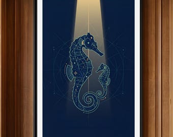 Cuadro decorativo de caballitos de mar celestiales con crías, lámina de constelación azul marino oscuro, póster etéreo del océano cósmico, decoración náutica geométrica con polvo de estrellas.
