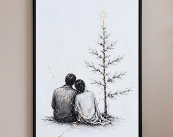 Kintsugi Couple Christmas Wall Art, Minimalist Fine Line Sketch Pine Tree Poster, Black Gold Winter Print, Sentimental Anniversary Gift