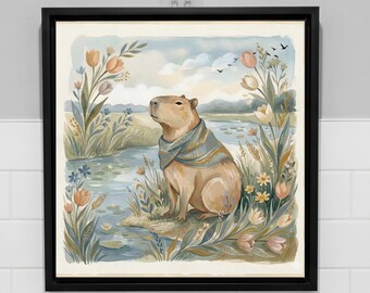 Cuadro decorativo de acuarela con capibaras florales, lámina de prado primaveral caprichoso, decoración infantil de naturaleza en tonos pastel, póster botánico de vida silvestre, regalo para baby shower